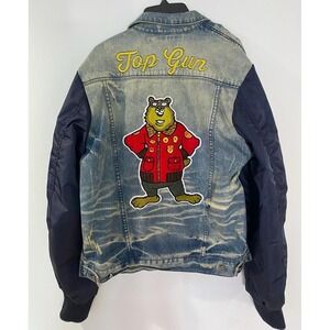 Top Gun Denim Jean Jacket‎ Patches Bear Blue Navy Men's Size Large Army